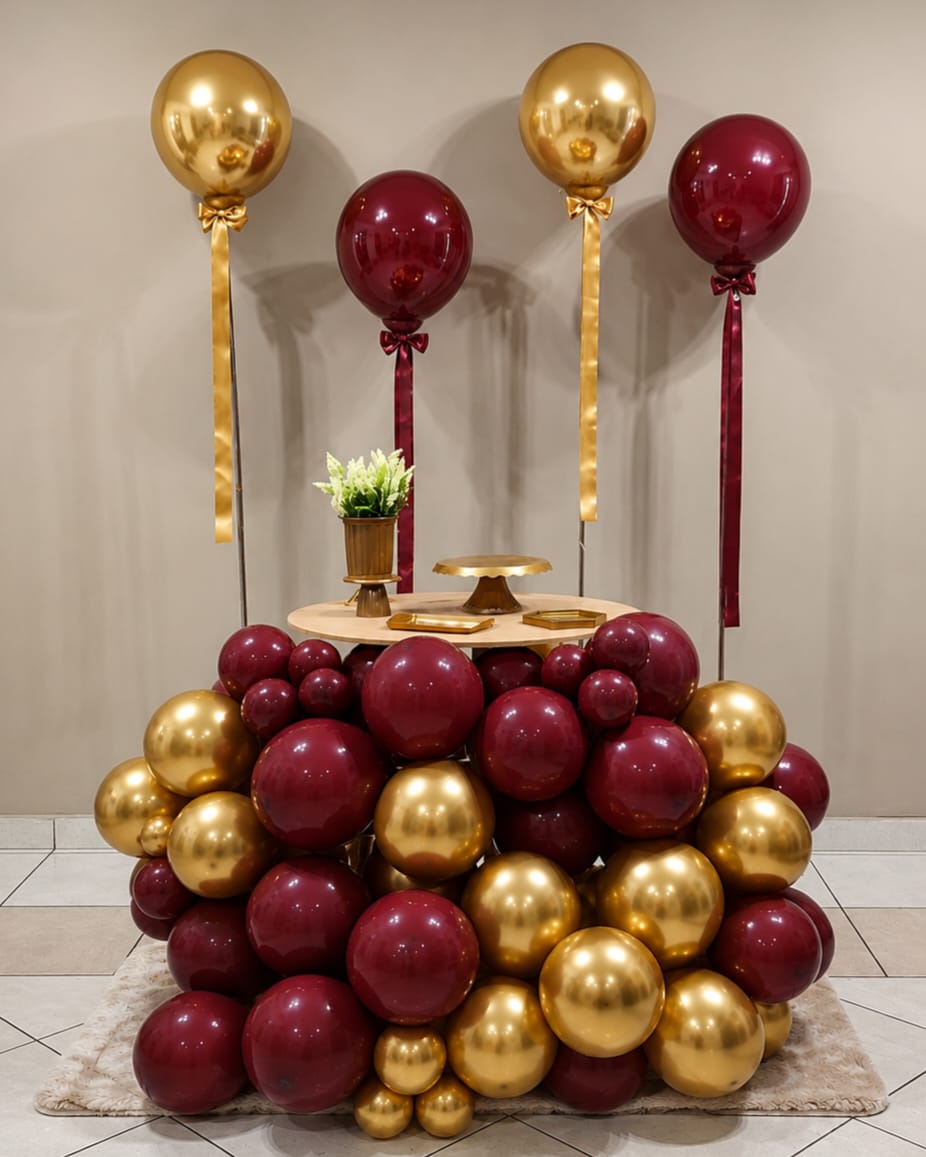 Estrutura de balões desconstruídos em vinho e dourado