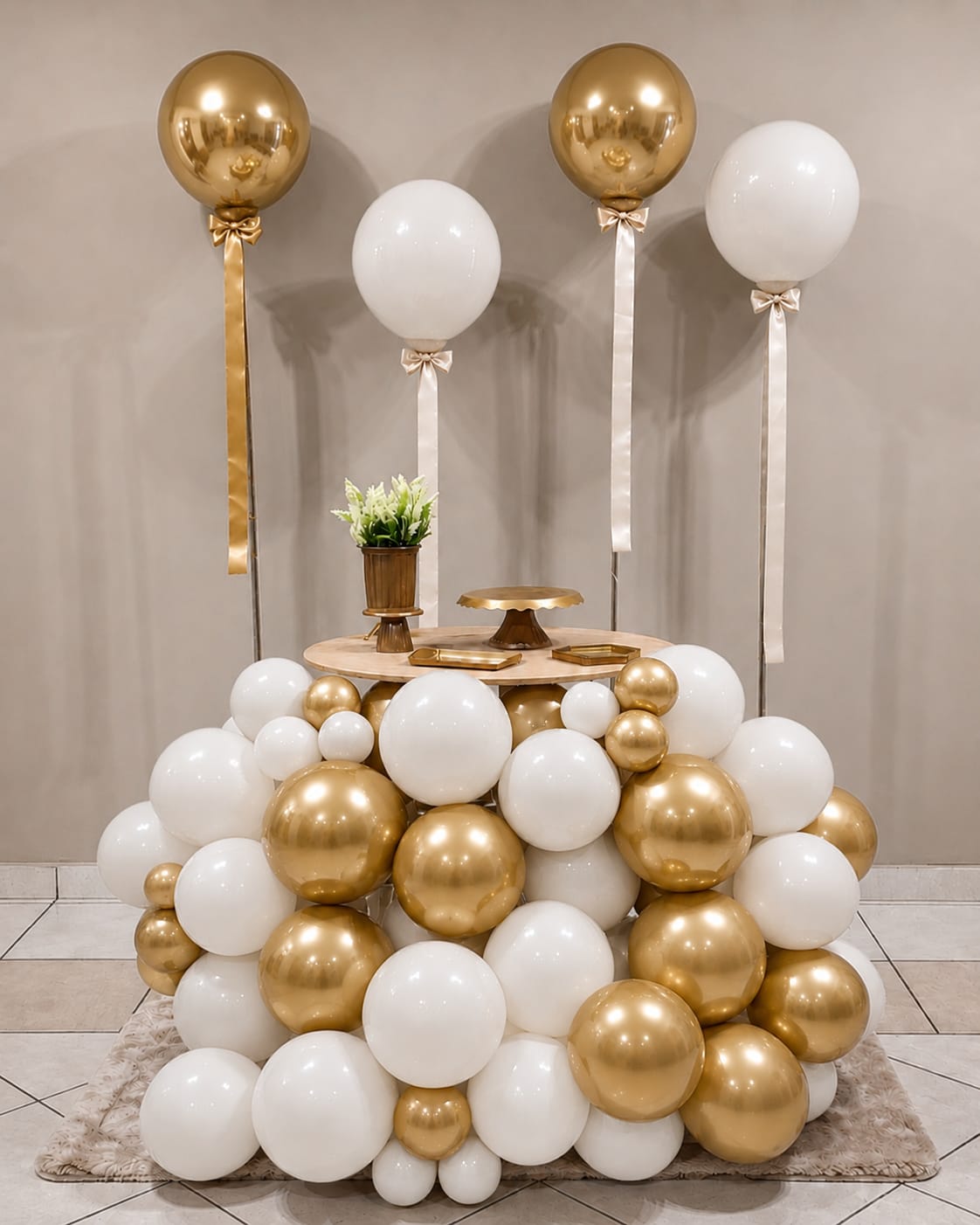 Estrutura de balões desconstruídos em branco e dourado